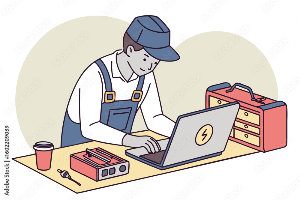 Aufkleber technician working on laptop with tools and coffee in a workshop setting during daytime