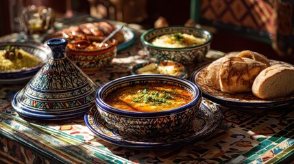Traditional moroccan harira soup with couscous, bread, and tagine on colorful table