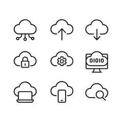 Fototapeta premium Cloud services and network technology icons. Outline symbols. Line design