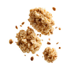 Granola oat clusters flying in the air isolated on transparent background