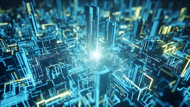Abstract digital city of glowing blue and yellow lines