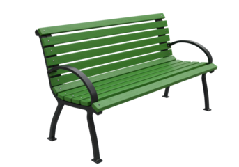A brand new, pristine green wooden park bench with black metal armrests and frame, perfectly lit in a sterile studio environment against a transparent background, showcasing design and material