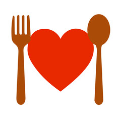Heart symbol with fork and spoon illustration, concept of healthy eating, love for food, or dining lifestyle in flat style