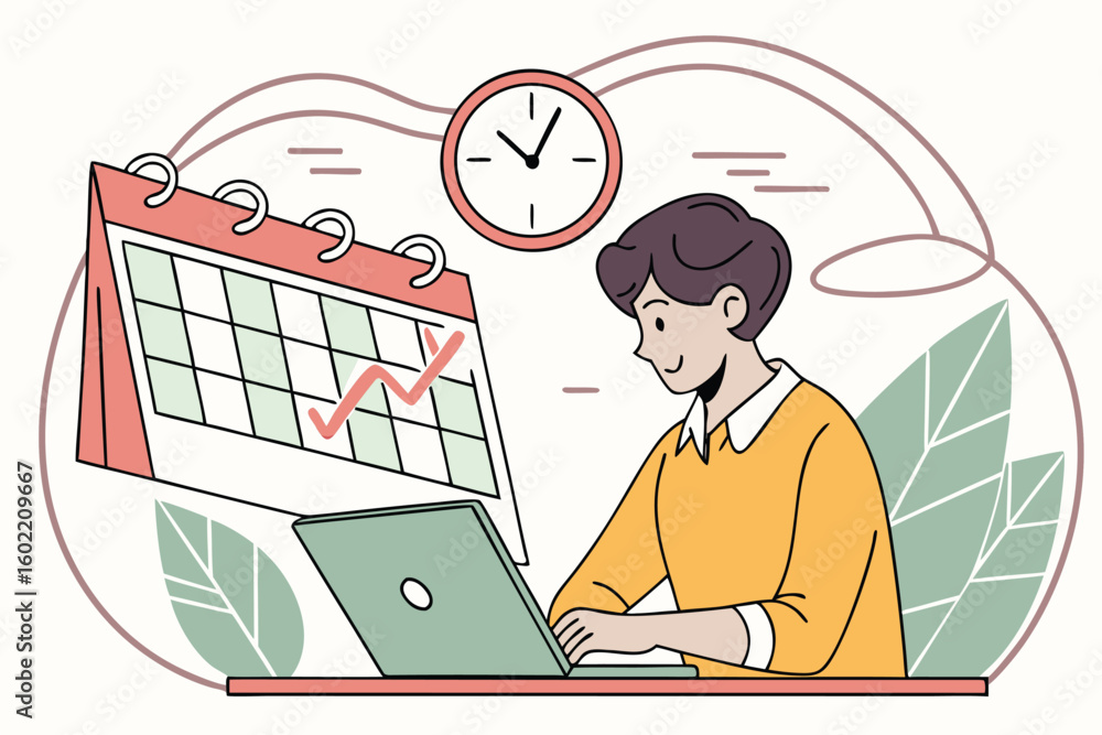 Poster person working on a laptop with a calendar and clock while tracking progress in an office setting
