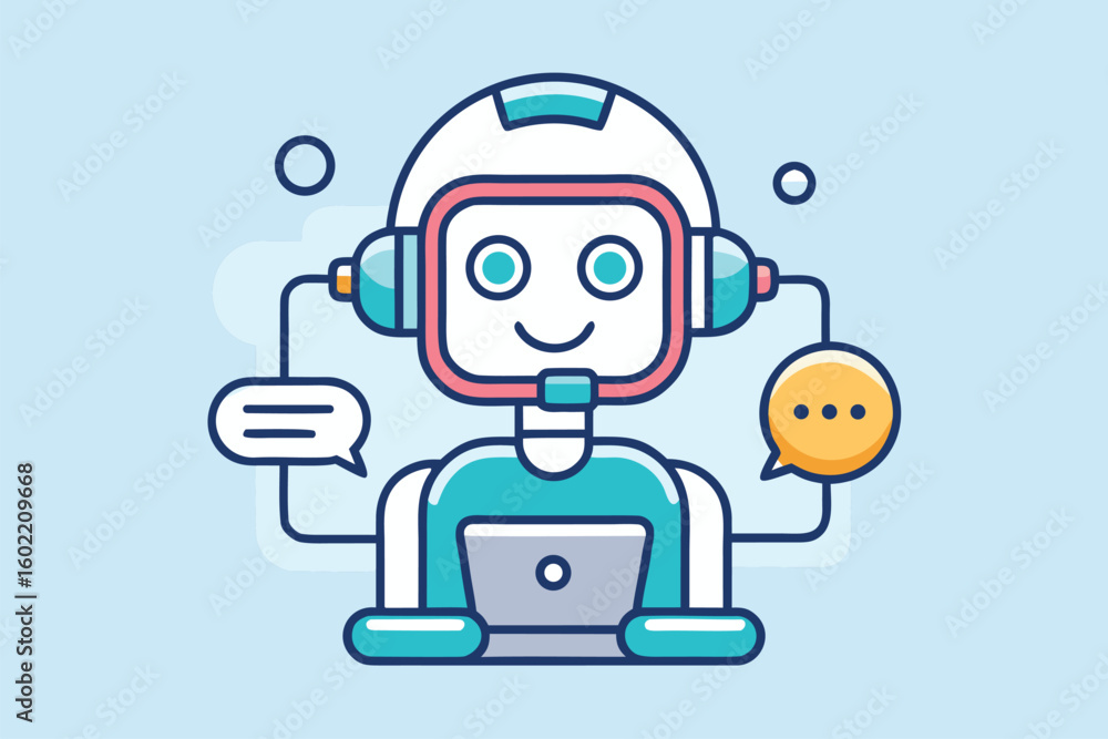 Poster robot character with headset engages in online conversation while working on a laptop