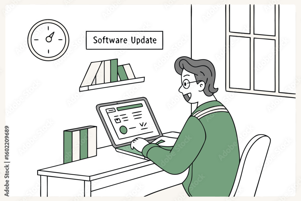 Poster individual updating software while seated at a desk with books and a clock on the wall, showcasing f
