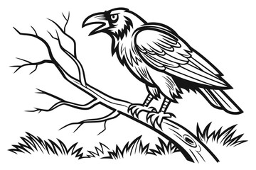 Obraz premium Black and white illustration of a bird perched on a branch in a natural setting with detailed feathers and expressive features