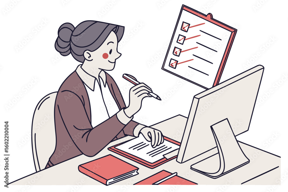 Poster working professional engages in task management while overseeing checklist on computer at home offic