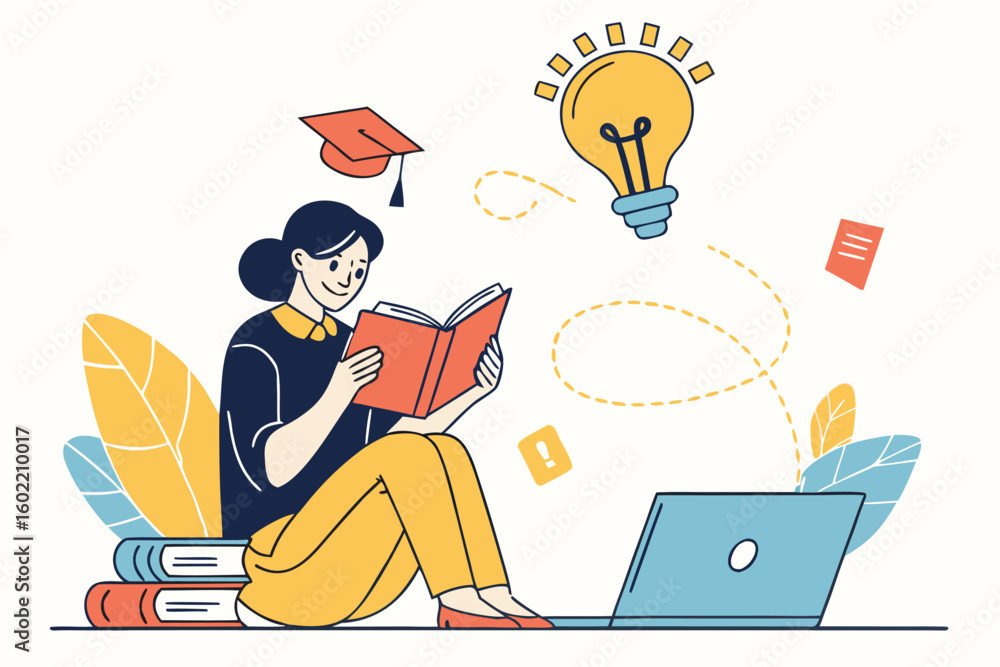 Poster student engages in reading while studying at a laptop with a bright light bulb symbolizing ideas in 
