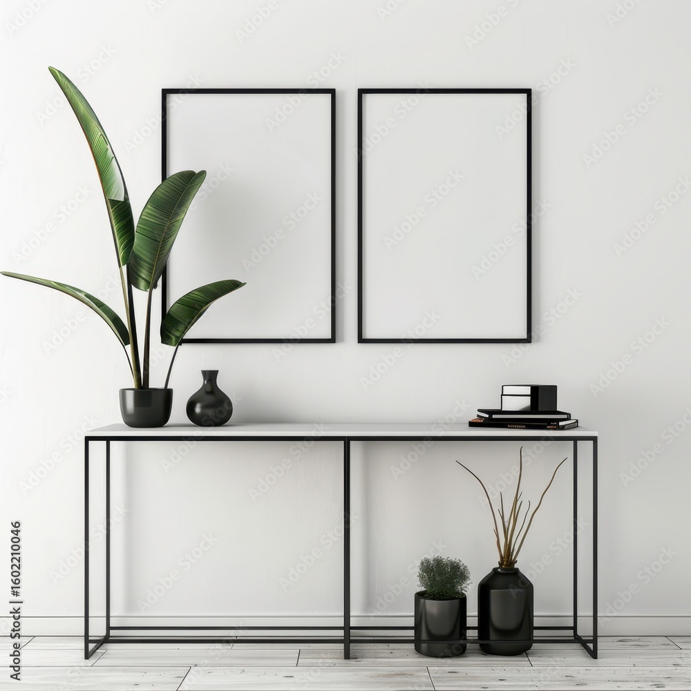Poster minimalist interior design with two empty frames. a plant. a console table and various decorations