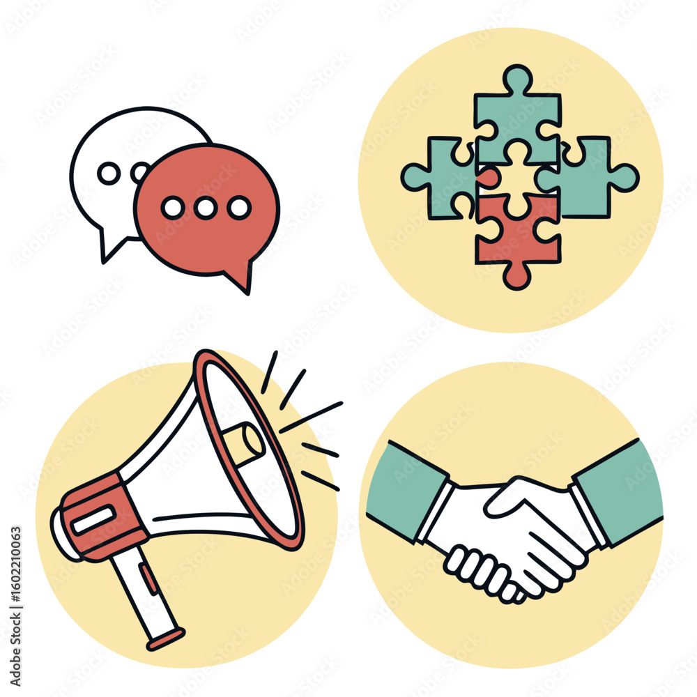 Aufkleber four distinct flat design icons representing communication teamwork promotion and partnership set ag