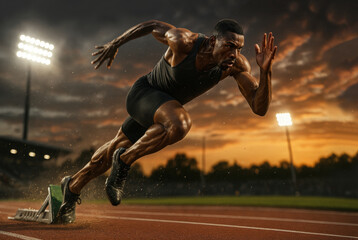 Photorealistic male sprinter exploding from blocks with sunset stadium lights and flying dust. Concept of explosive energy, determination, speed, and peak athletic performance.