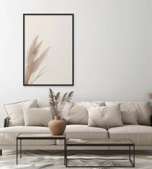 Minimalist living room with a framed print of pampas grass and a beige couch