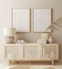 A modern. minimalist living room featuring a rattan cabinet. a lamp. and a vase with a palm frond Two framed botanical prints hang on the wall