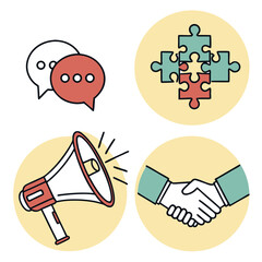 Four distinct flat design icons representing communication teamwork promotion and partnership set against a clean white background with circular yellow backgrounds for each icon