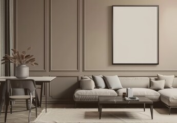 Modern living room interior with a sofa. coffee table. and a large framed picture