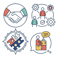 Set of four business concept icons including a handshake team collaboration with gears puzzle pieces forming a compass and a person assembling a puzzle with a speech bubble