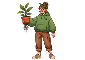 Eco-friendly girl holding potted plant with roots cartoon illustration vector style
