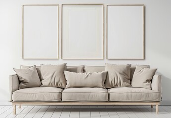 A beige sofa with three empty frames on a white wall in a living room