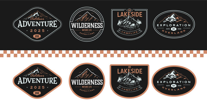 Rugged mountain adventure typography collection logos . Set of Vintage Outdoor mountains Summer Camp badges or Patches. vector emblem designs. Great for shirts, stamps, stickers logos and labels.
