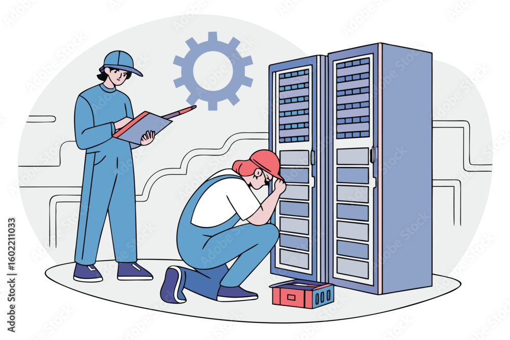 Poster two technicians working on server maintenance in a modern data center with equipment and tools durin