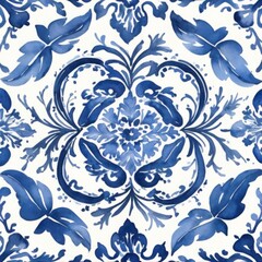 Watercolor Blue Tile Pattern on White Background Wallpaper Backdrop