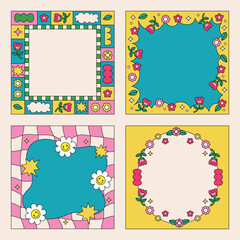Retro cute groovy floral frames template vector background