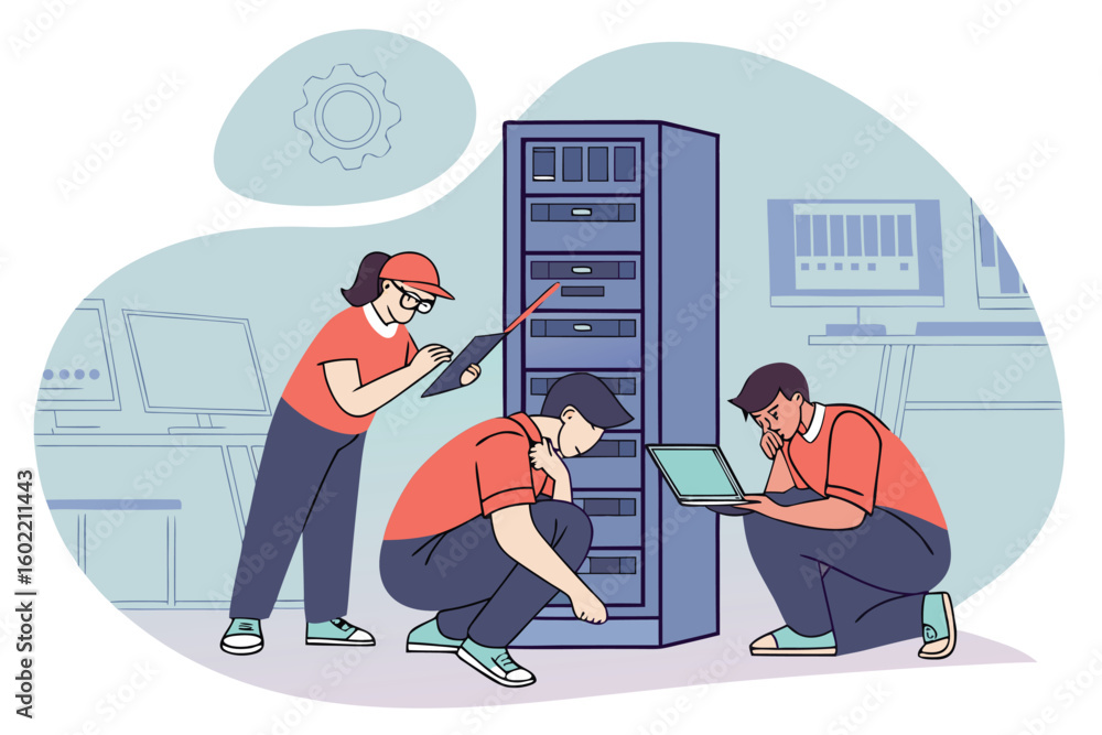 Poster team of technicians working together to troubleshoot a server in a tech environment during daylight 