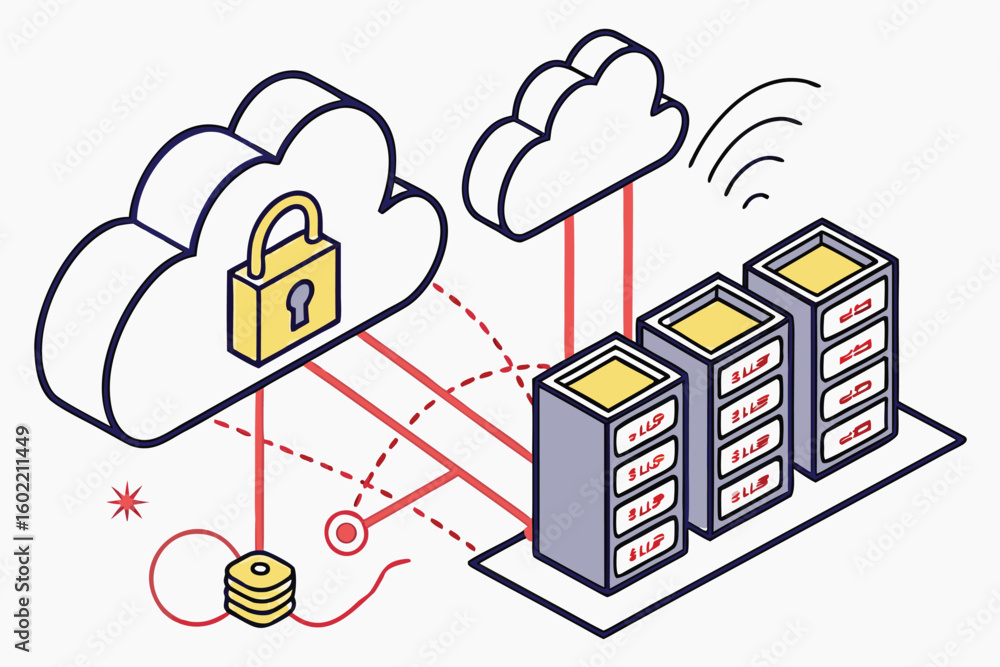 Poster cloud storage illustration showing secure data transfer between clouds and servers with locked data 