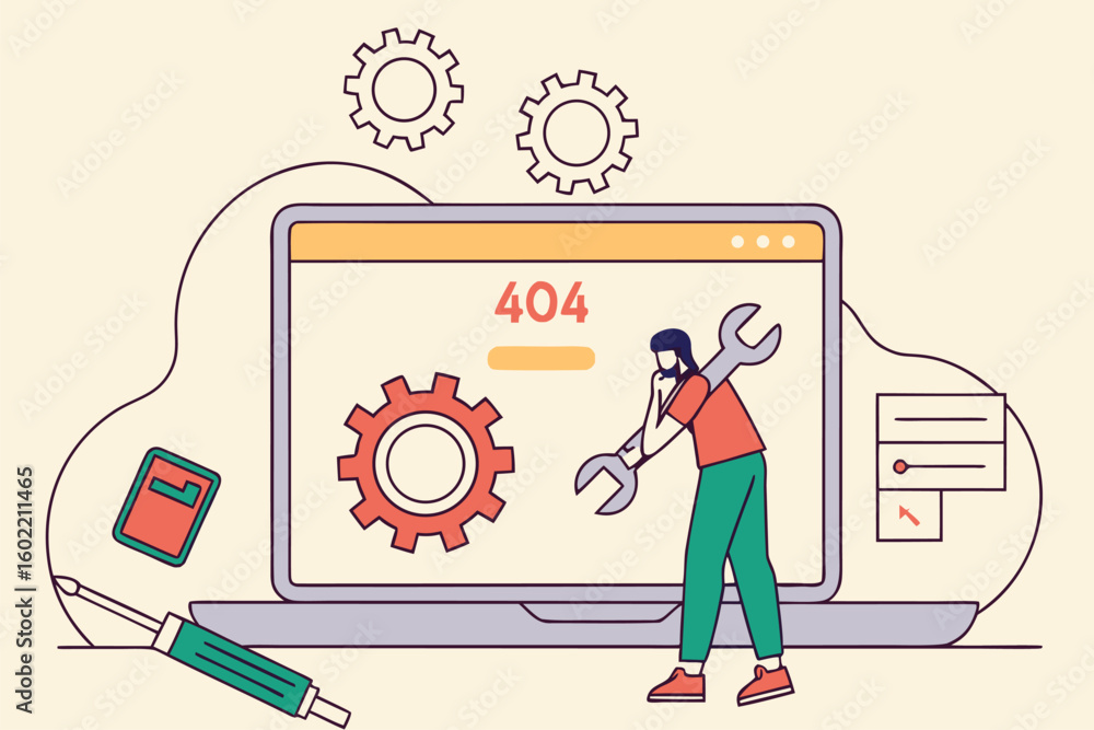 Poster error message and technical support illustration featuring a person working on a computer with gears