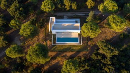 Modern architectural design serene forest setting aerial view contemporary home tranquil environment