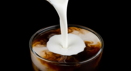 Milk Pouring into Glass of Cold Brew Coffee Against Black Background