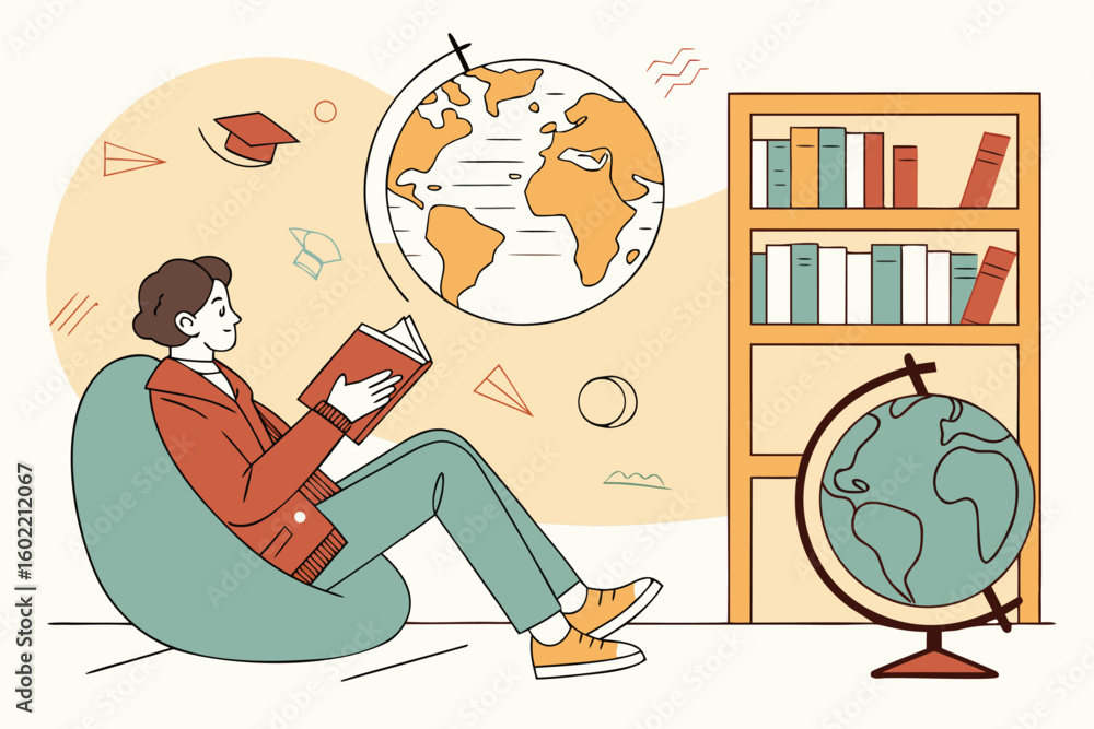 Poster young person reading a book in a cozy setting surrounded by a globe and bookshelves while exploring 