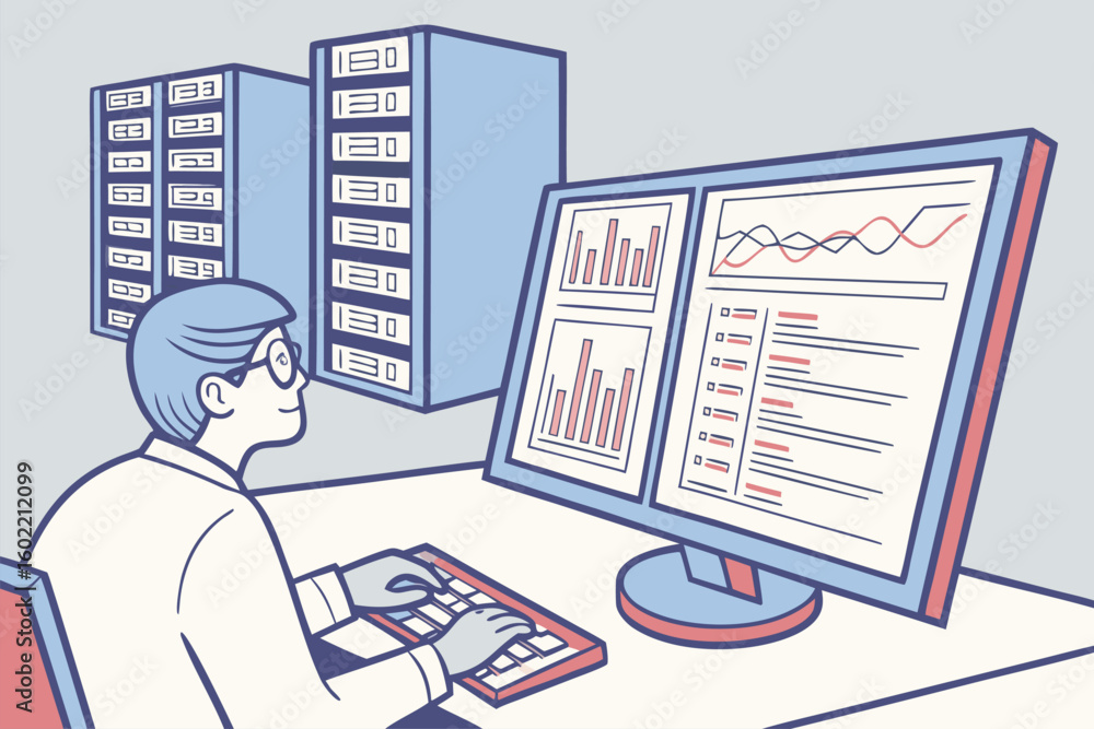 Aufkleber data analyst working on complex data visualization and analysis in a modern office, utilizing charts