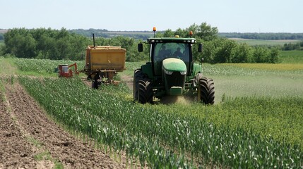 A tractor operates in a lush green field, illustrating modern farming methods and agricultural machinery