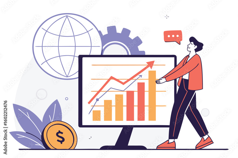 Poster business professional presenting growth data on screen with increasing graph and global elements in 