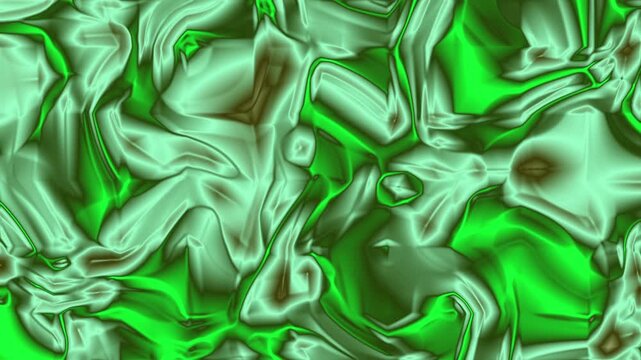 High-resolution abstract background featuring a glossy, smooth, and organic fluid design in rich green and jade tones. The image presents a futuristic, melted plastic or marble-like texture, perfect f