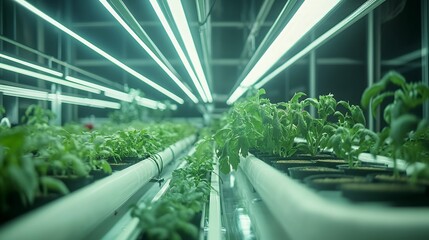 A modern hydroponic garden with LED lights fostering plant growth in an indoor setting