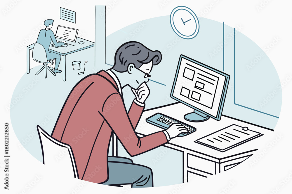 Poster professional man working on computer in modern office during day, focused on task and analyzing data