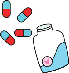Colorful Capsule Pills and Supplement Bottle Vector Illustration – Flat Icon for Medicine, Healthcare, Nutrition, and Pharmacy Concepts