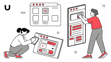 Two people collaborating on digital interfaces and user experience design working with website layouts and app development elements