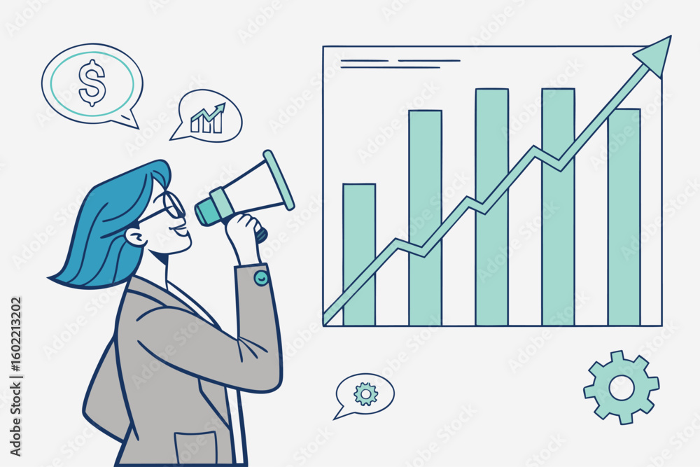 Poster business professional using a megaphone to communicate growth strategies with charts and graphs in a