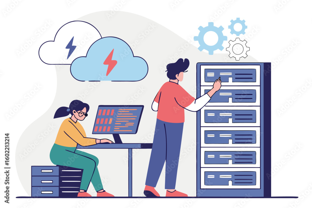 Poster two professionals working in a modern office environment with servers and computer systems during a 
