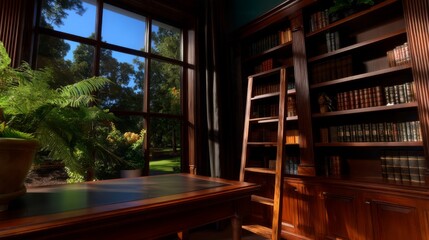 Fototapeta premium Elegant study room with bookshelves and natural light home office interior design cozy atmosphere indoor view tranquility