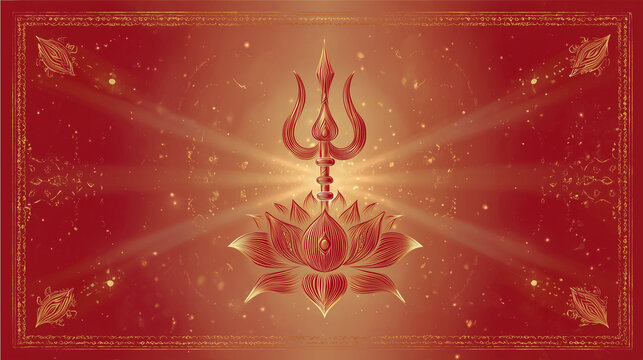 Elegant Devi Mahatmya recitation banner, symbolic trishul, lotus, and scriptures arranged artistically, soft red-to-gold gradient background