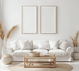 White living room interior with a sofa. coffee table. and two empty frames