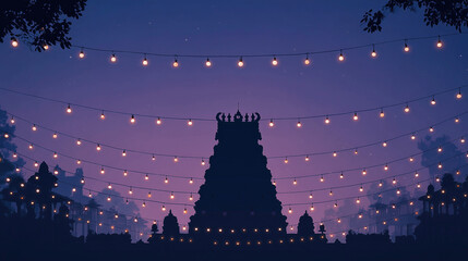 Elegant Padmanabhaswamy Utsavam banner, silhouette of the temple’s iconic gopuram against a twilight sky, soft indigo-to-purple gradient background