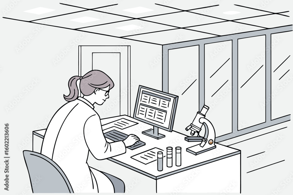 Poster scientist conducts research in a laboratory setting while analyzing data and preparing samples for e