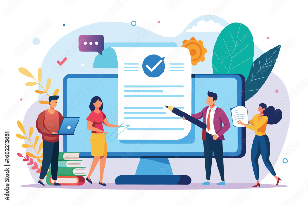 Poster creative teamwork in a colorful digital workspace with professionals collaborating on documents and 
