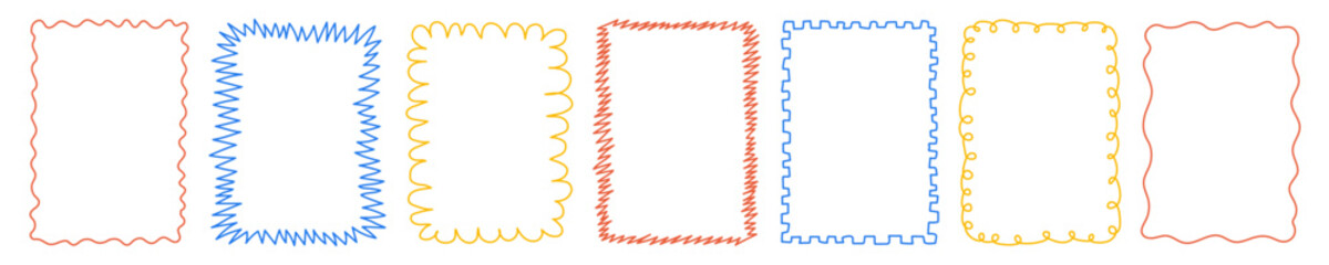 Set of colorful abstract hand-drawn frame borders with playful line shapes. Doodle style decorative elements. Kids design and creative layout concept